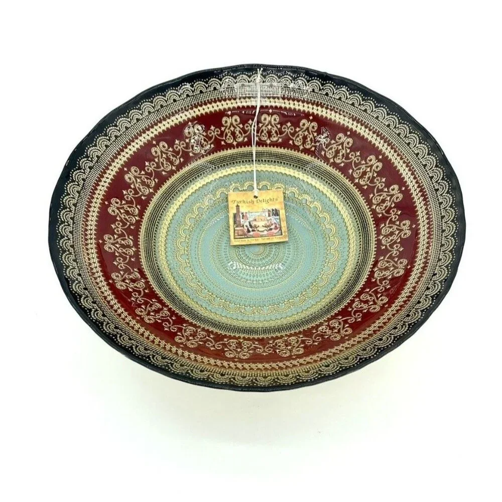 Turkish Delights Glass Bowl Serving Dinner Red Blue Gold Handmade 11.75” NWT